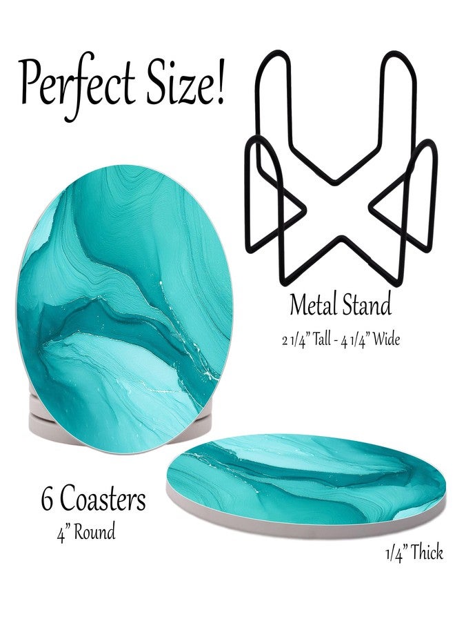 DAJDC Aqua Blue Teal Marble Round Coasters Set of 6 - Abosrbent Ceramic Coasters with Metal Stand for Drinks, Coffee, Non-Slip Cork Back for Tabletop Protection, 4 Inches Marbled Pattern (Teal) - Image 2
